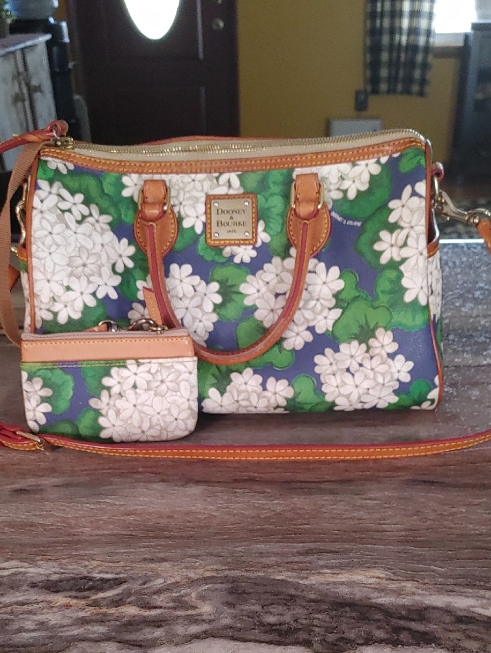 Dooney & Bourke Blue, Green & White Floral Satchel with Tan Trim